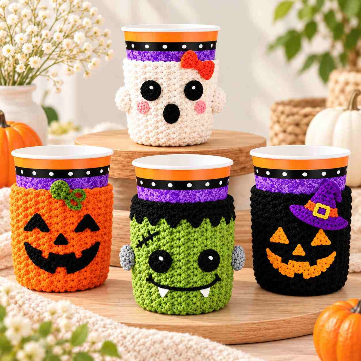 4-i-1 Halloween Mugghållare – Virkmönster Bundle