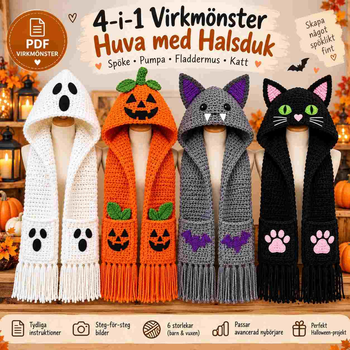 Crochet Pattern for Halloween – 4-in-1 Hood with Scarf