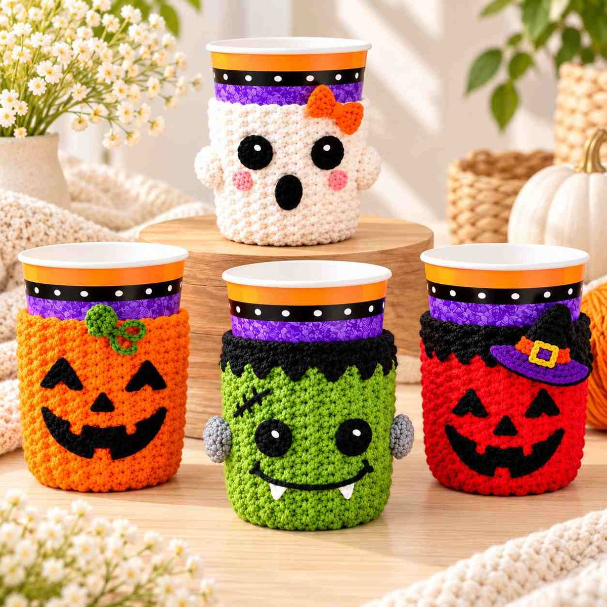 4-i-1 Halloween Mugghållare – Virkmönster Bundle