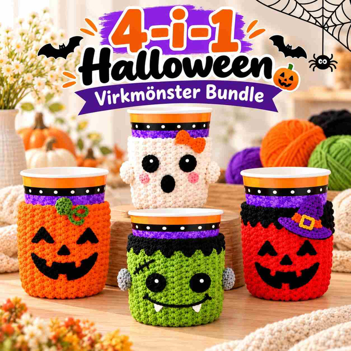 4-i-1 Halloween Mugghållare – Virkmönster Bundle
