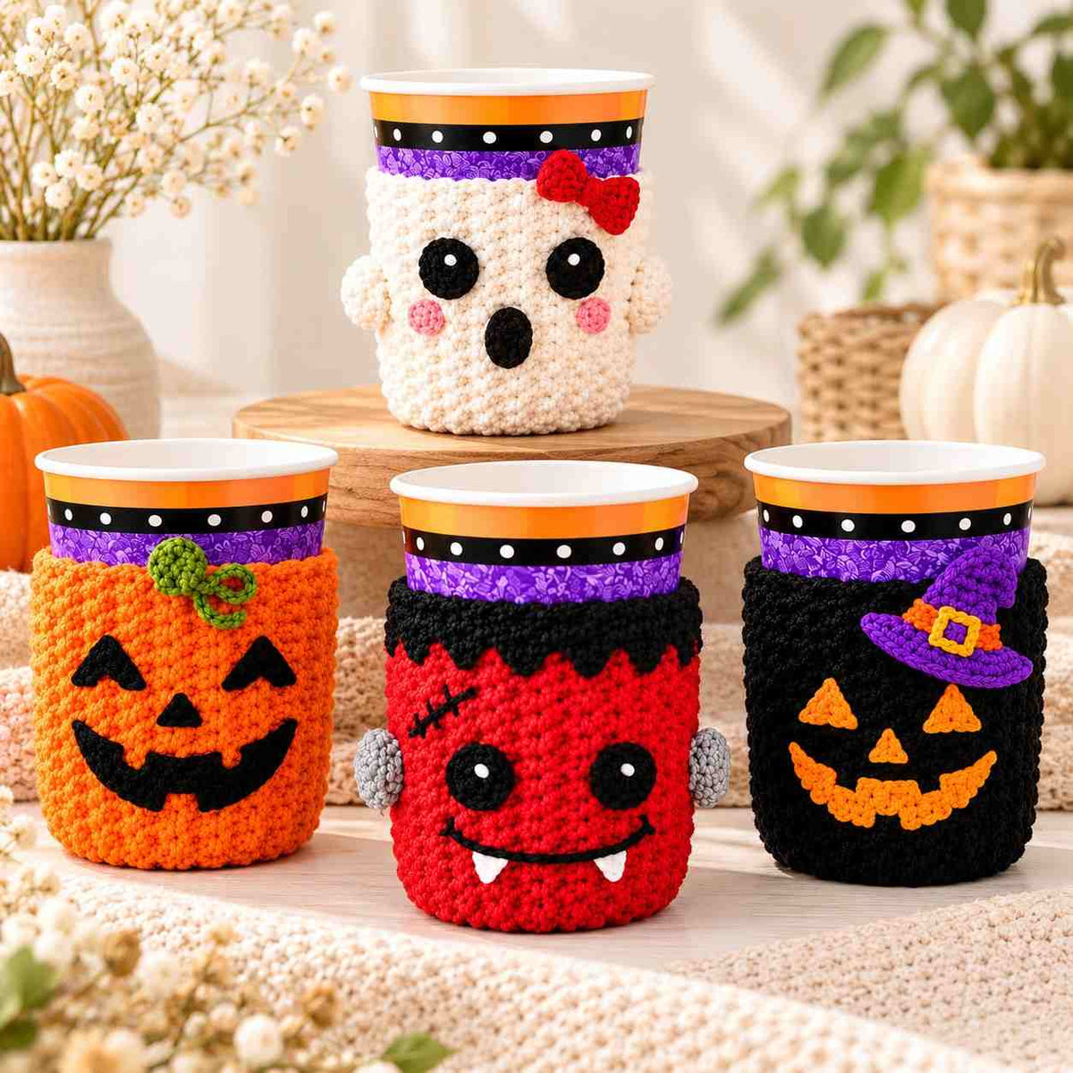 4-i-1 Halloween Mugghållare – Virkmönster Bundle